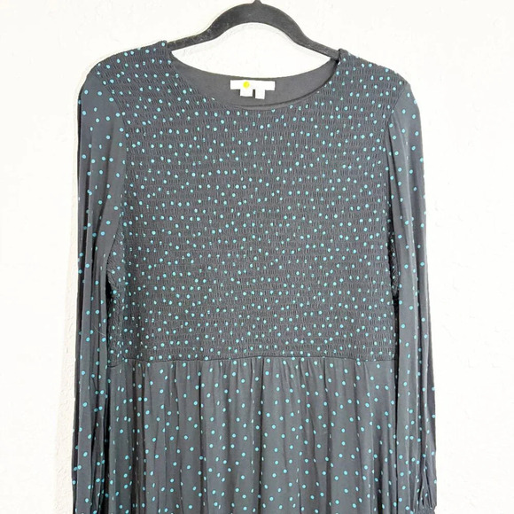 Boden Navy & Teal Polka Dot Smocked Long Sleeve Jersey Knit Dress Women's US 14L - Picture 4 of 11